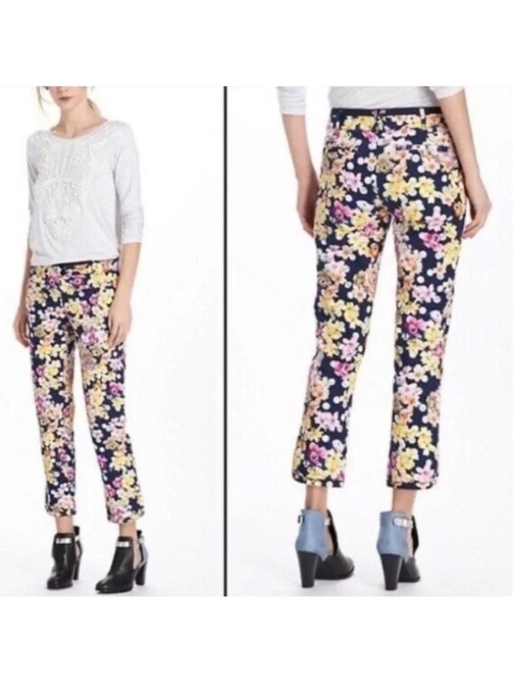 Cartonnier x Anthropologie Vibrant Floral Cropped Pants Size 4 Cotton Capri Navy